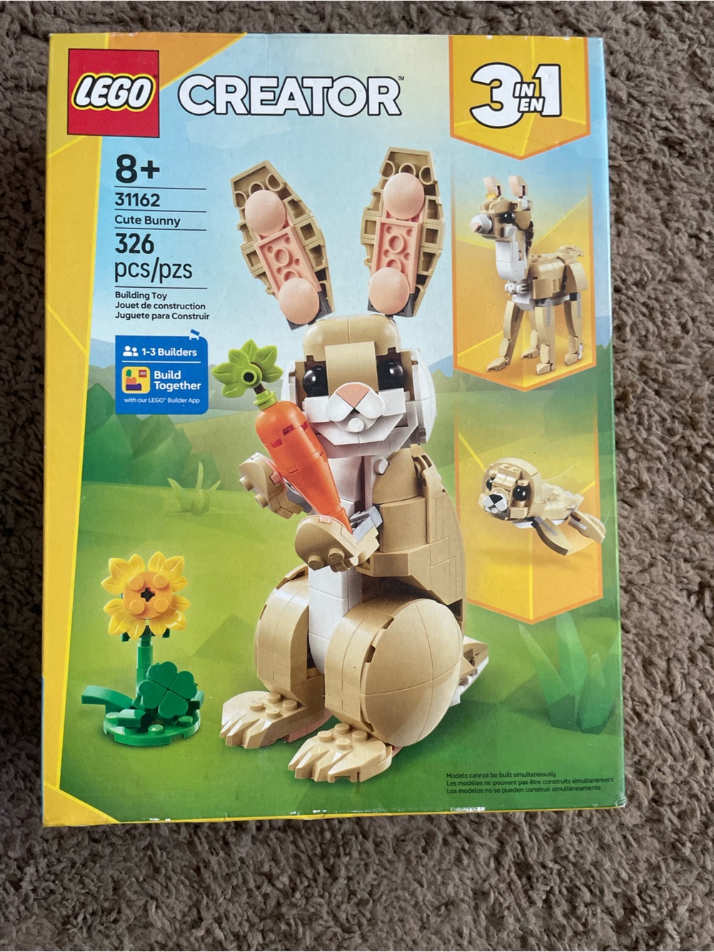 LEGO Tan and White Bunny with Orange Carrot and Green Plant
